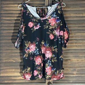 Amazon Floral Cold Shoulder Blouse - Black and Pink